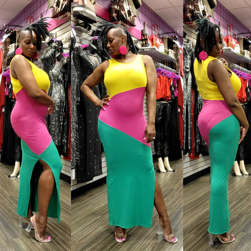 Multi Color Block Slit Maxi Dress