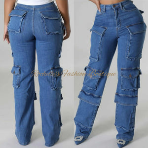 Blue High Rise Pocketed Cargo Jeans