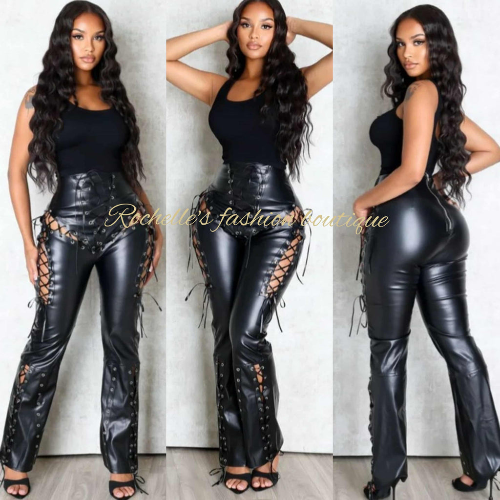 Black Pu Leather High Waist Lace Up Pants