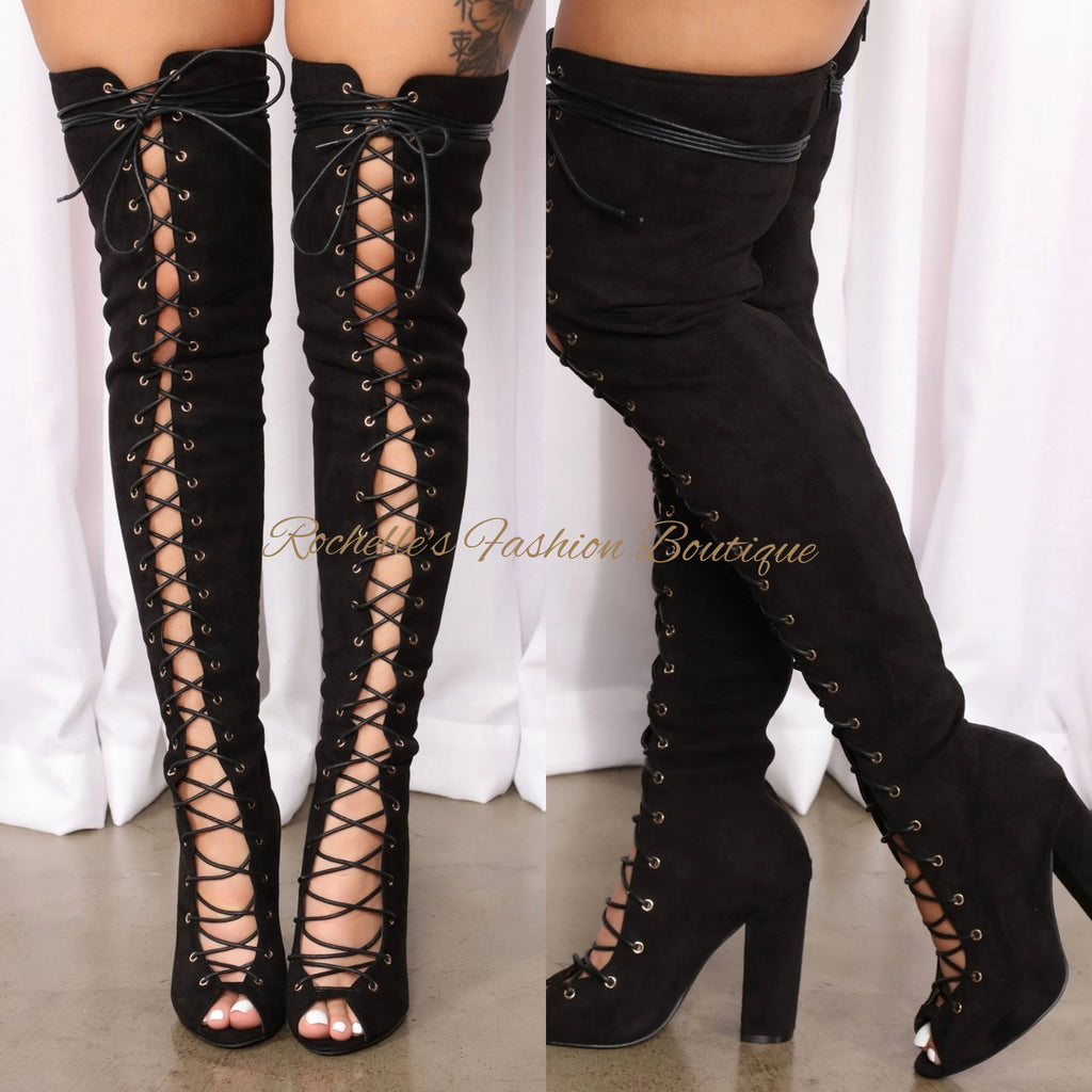 Black Lace Up Knee Boots