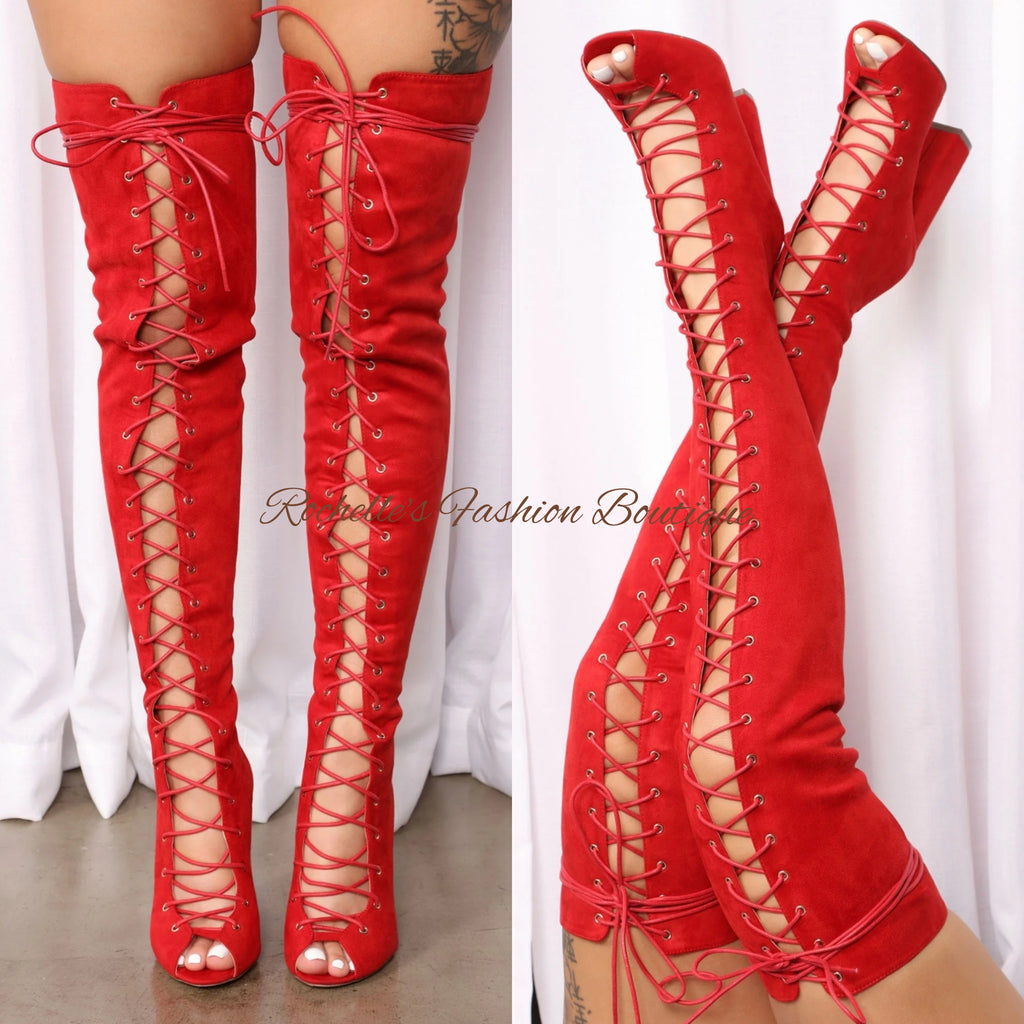 Red Lace Up Knee Boots