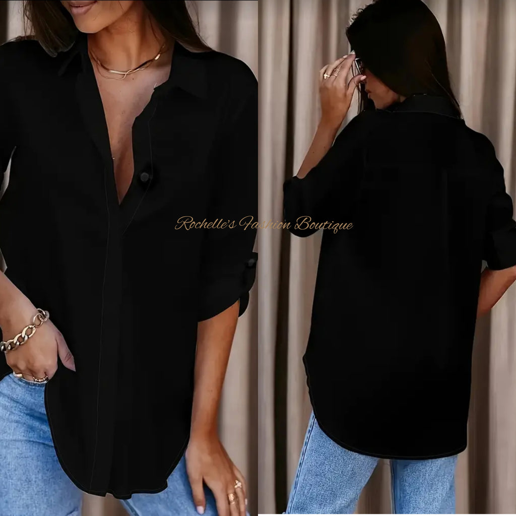 Black Solid Button Up Top