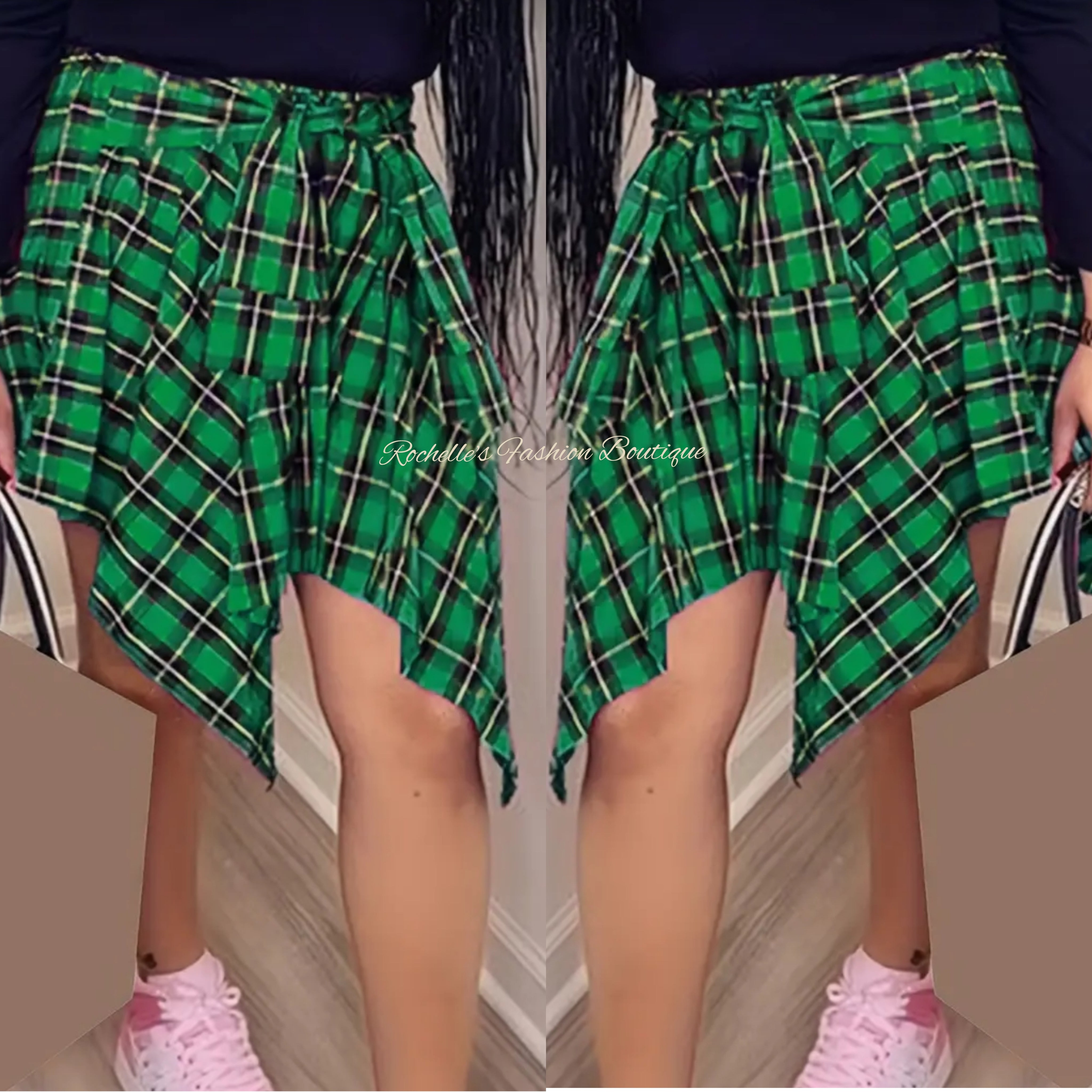 Muliti Green Plaid Front Tie Skirt