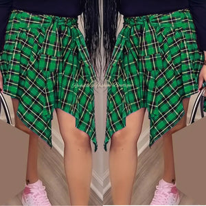 Muliti Green Plaid Front Tie Skirt