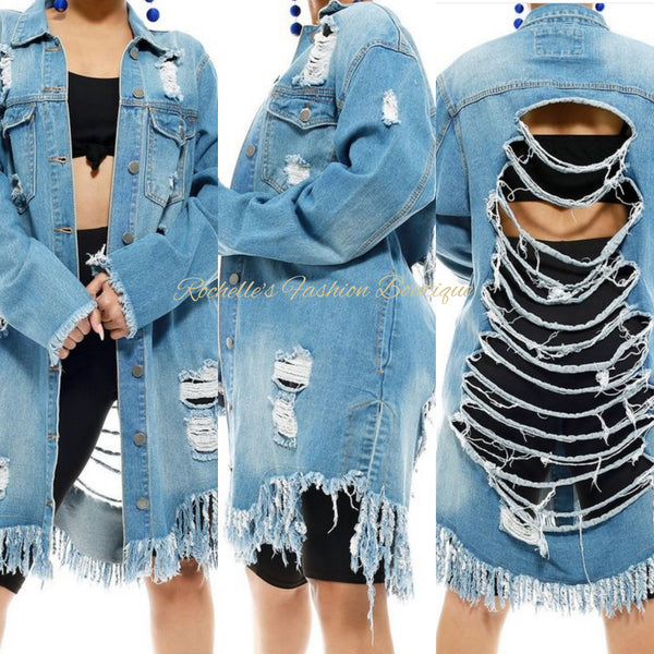OVERSIZED DENIM JACKET W/ ALL OVER DISTRESS – ROCHELLE'S FASHION