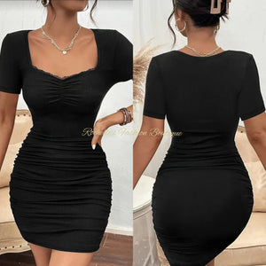 Black S/S Lace Trim Ruched Dress