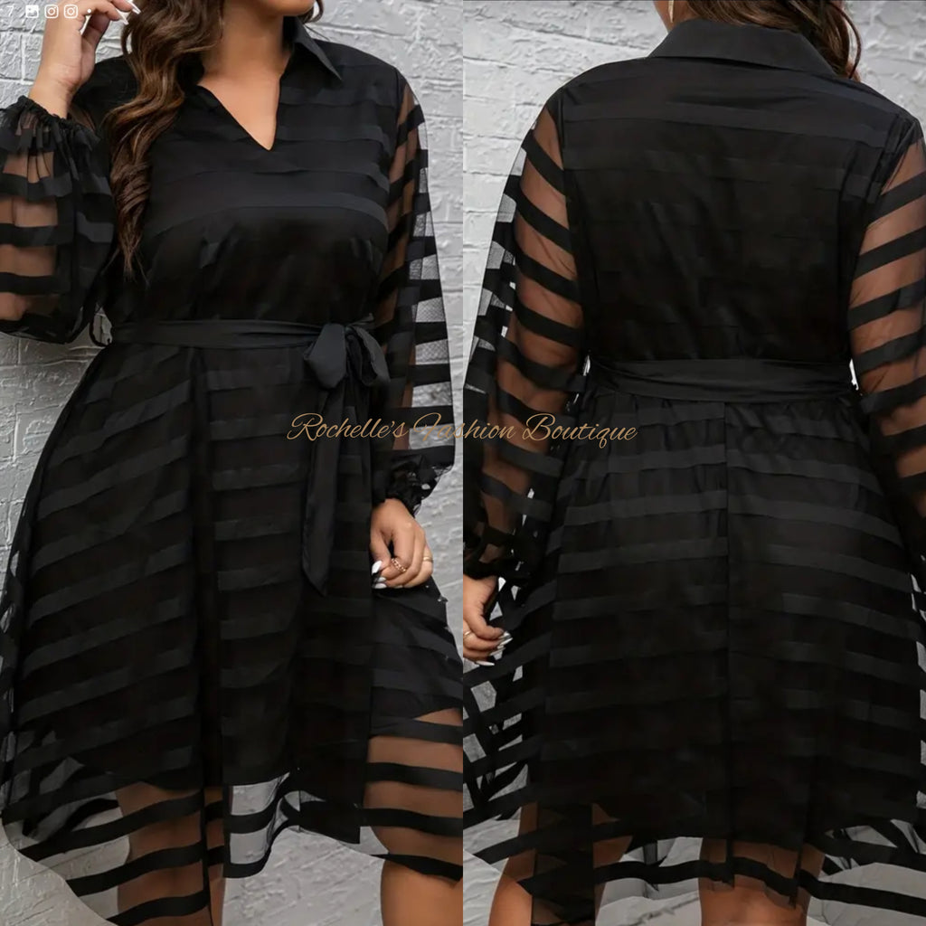 Black Mesh Sheer Stripe Flowy Dress