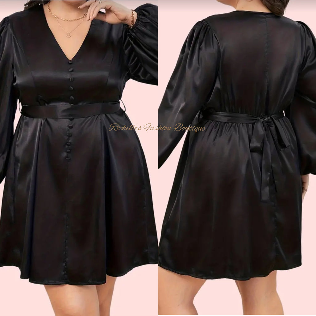 Black Satin Silk Plus L/S Dress