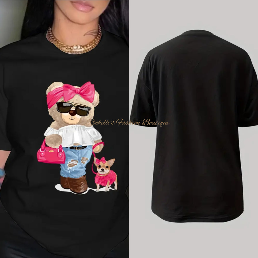 Black Cute Teddy Bear and Puppy T-Shirt