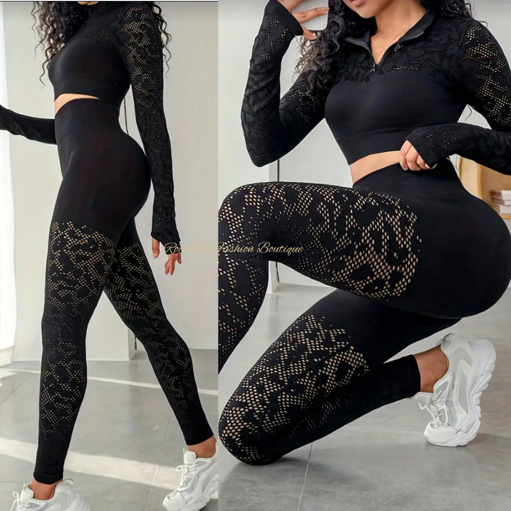 Black Mesh Leopard Print Pants Set
