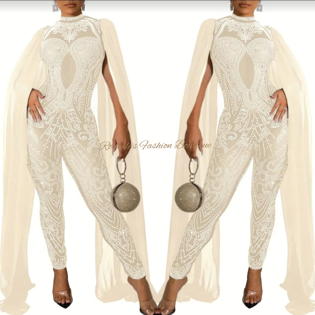 Nude Mesh Rhinestone Bell Sleeve Jumpsuit