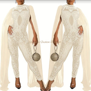 Nude Mesh Rhinestone Bell Sleeve Jumpsuit