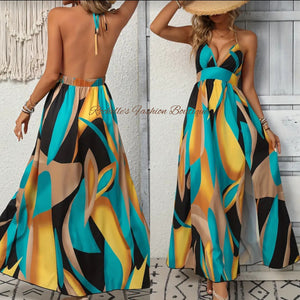 Blue Long Color Block Backless Split Sundress