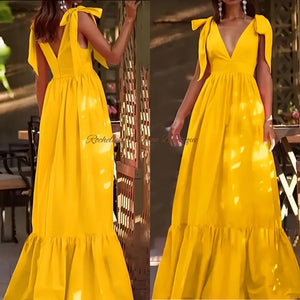 Yellow V Neck Long Elegant Sundress