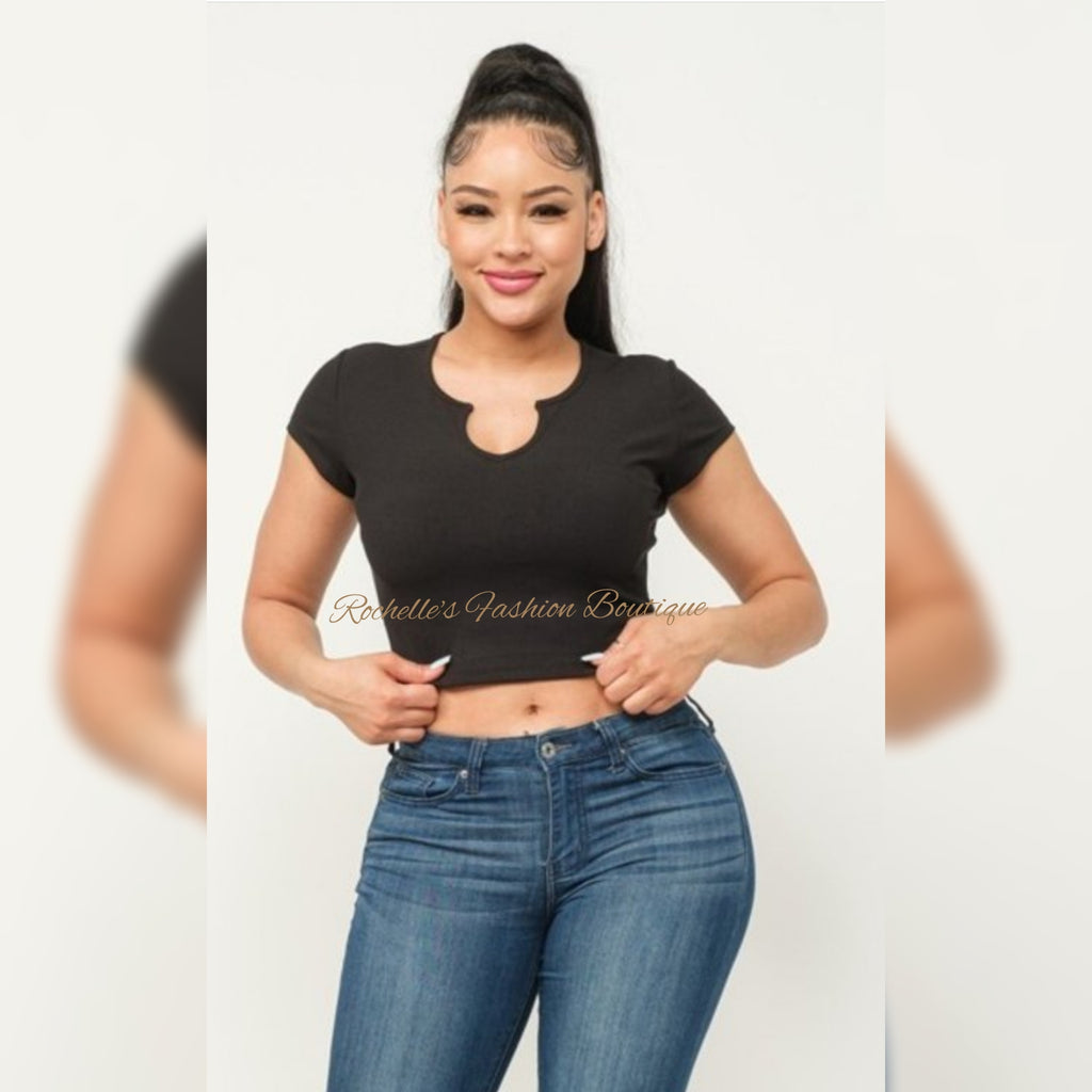 Black Stretchy Key Hole Neck Crop Top