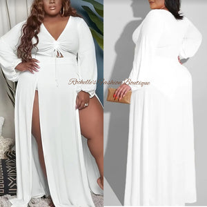 White Two Piece Plus Split V Neck Long Dress