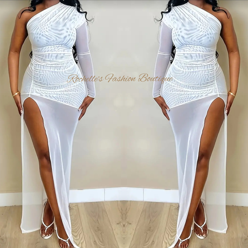 White Split Thigh One Shoulder Bodycon Dress