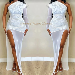 White Split Thigh One Shoulder Bodycon Dress