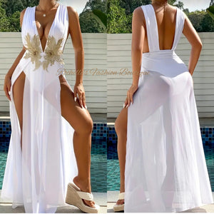 White Elegant V Neck One Piece Swimsuit Dress