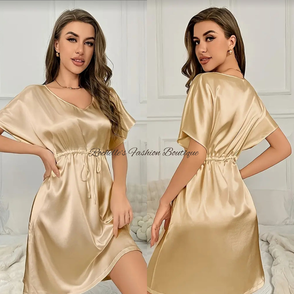 Tan Solid Satin S/S Dress