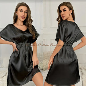 Black Solid Satin S/S Dress