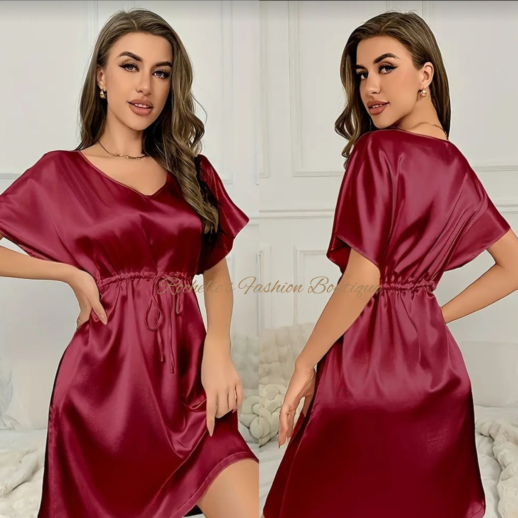 Burgundy Solid Satin S/S Dress