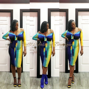 Blue and Yellow Color Off The Shoulder Midi Dress