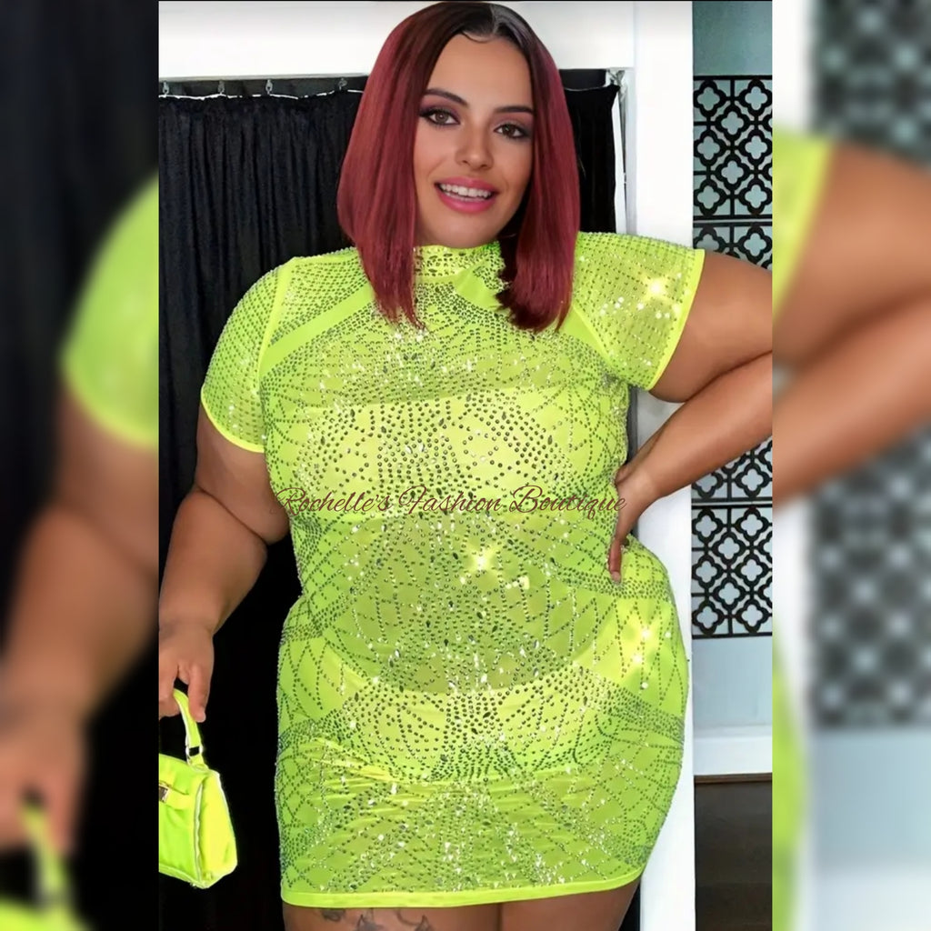 Lime And Rhinestone Mesh Dress