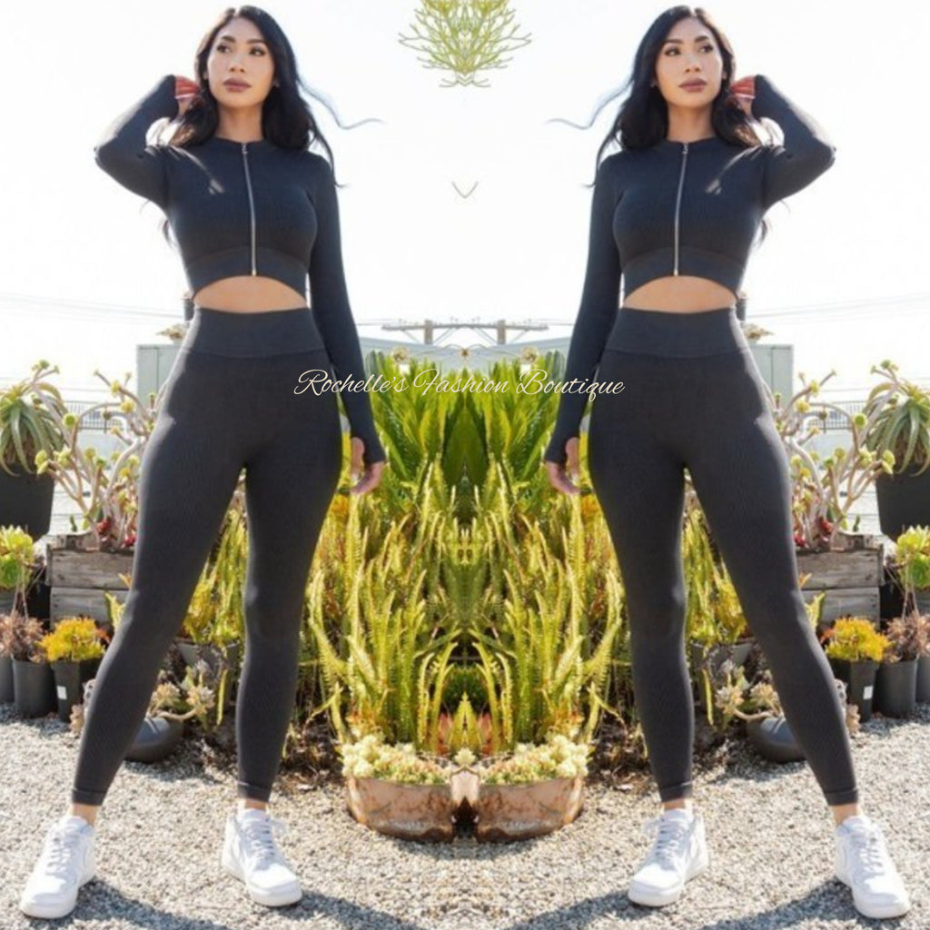 Black Zip-Up Crop Jogging Set