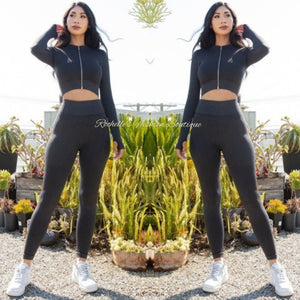 Black Zip-Up Crop Jogging Set