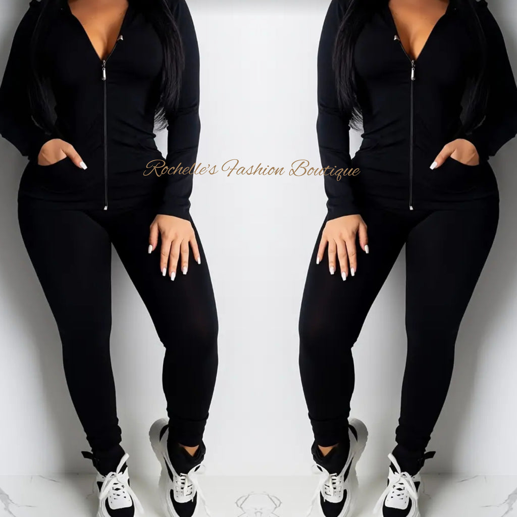 Black Stretchy Active Zip-Up Jogging Set