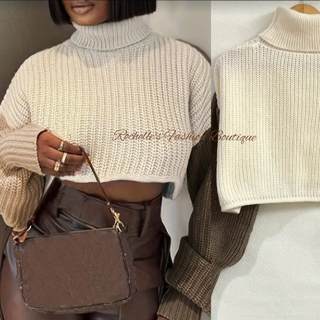 Nude Color Block Turtleneck Pullover Crop Sweater