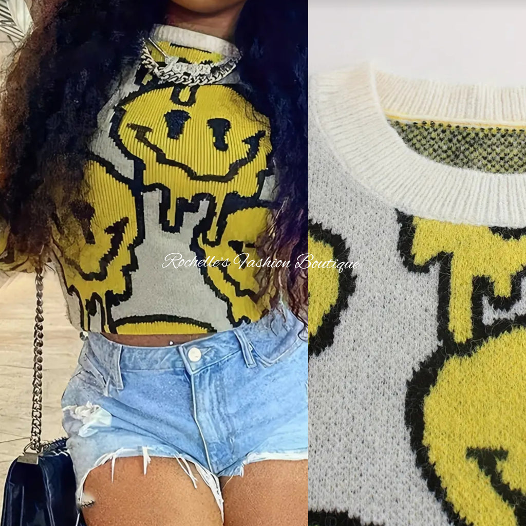 Muliti Yellow Smiley Face Crop Sweater