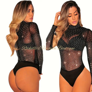 Black Rhinestone Mock Neck Bodysuit