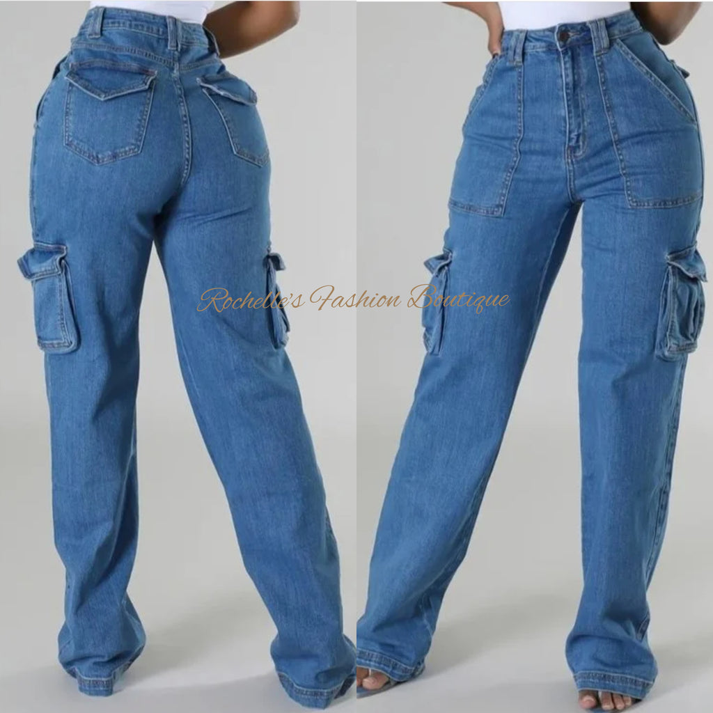 Medium Blue High Rise Wide Cargo Jeans