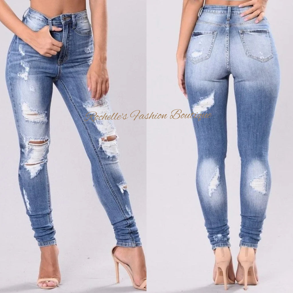 Blue High Rise Wash Distress Jeans