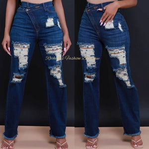 Dark Blue High Rise Disstress Crossover Jeans