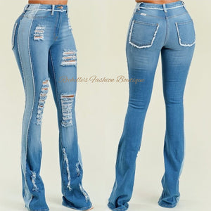 Duo Blue High Rise Distress Two Tone Jeans