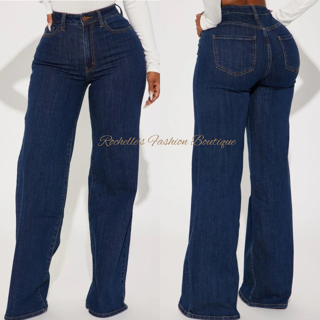 Dark Blue High Rise Wide Leg Flare Jeans