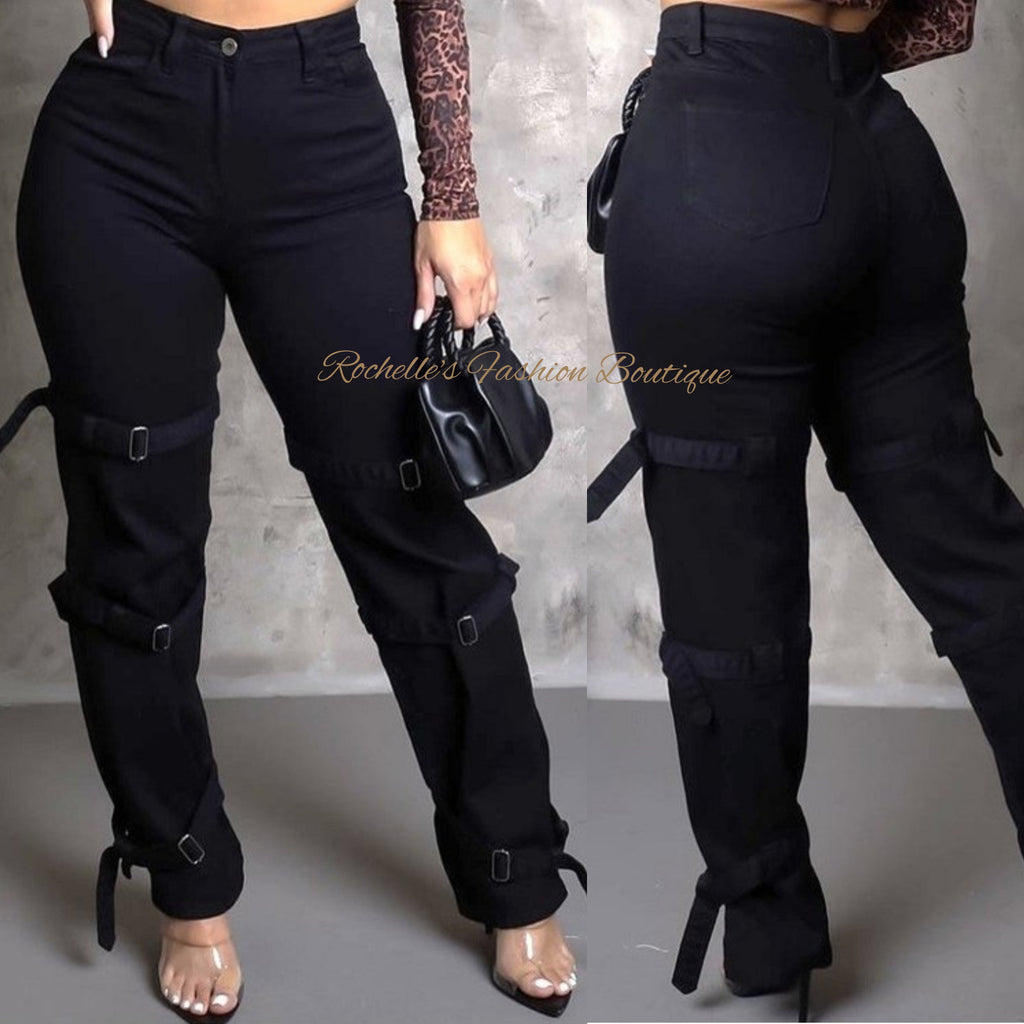 Black High Rise Strapped Pants pa