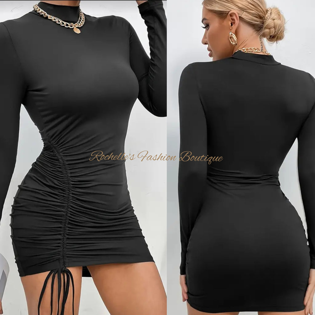 Black L/S Drawstring Mock Neck Dress