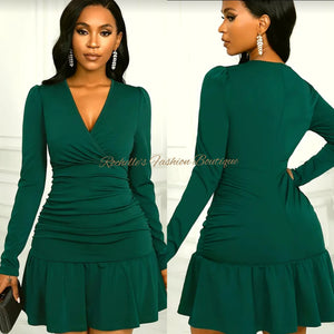 Green Elegant L/S V Neck Ruffle Dress