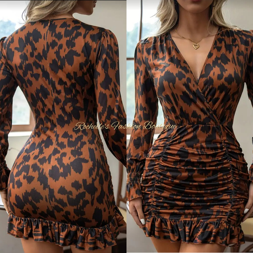 Leopard Print Elegant L/S V Neck Ruffle Dress