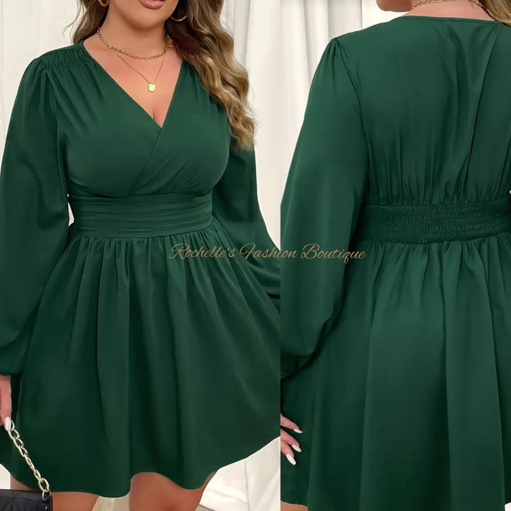 Green L/S N V Neck Flowy Plus Dress