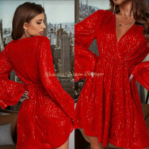 Red Elegant Sequin Flowy Dress