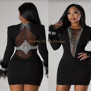 Black Rhinestone Mesh Splicing Dress