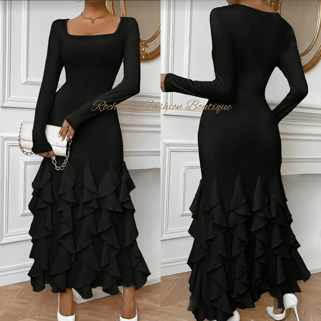 Square Neck Black Ruffle Long Dress