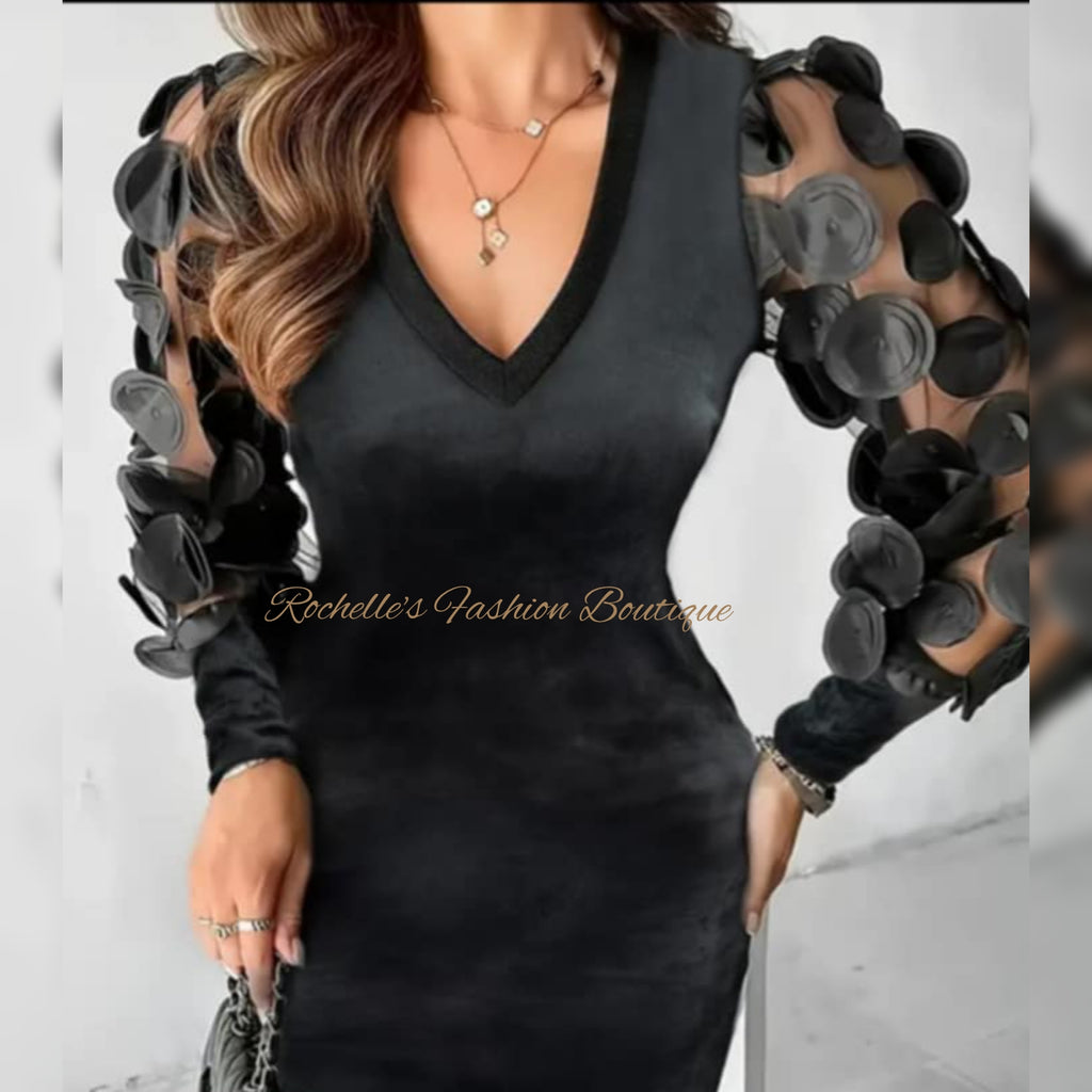 Black Contrast Mesh V Neck Bodcon Dress