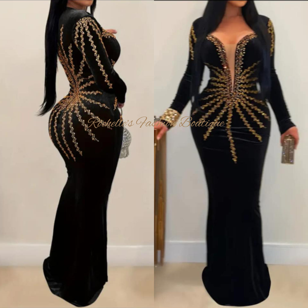 Black & Gold Long Rhinestone Dress