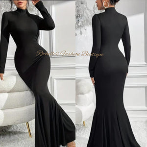 Black Flare Mock Neck L/S  Long Dress